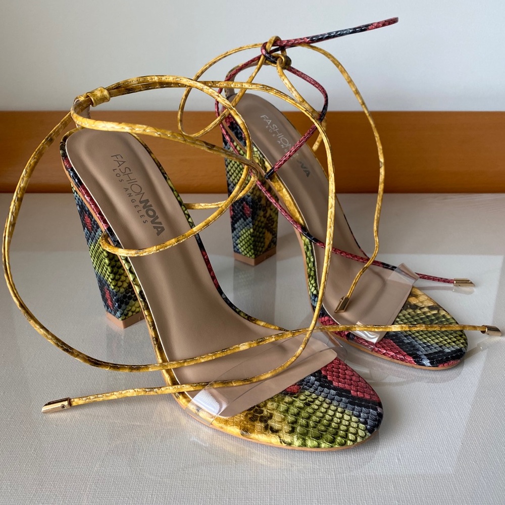 FashionNova ankle tie block heel in multicolor